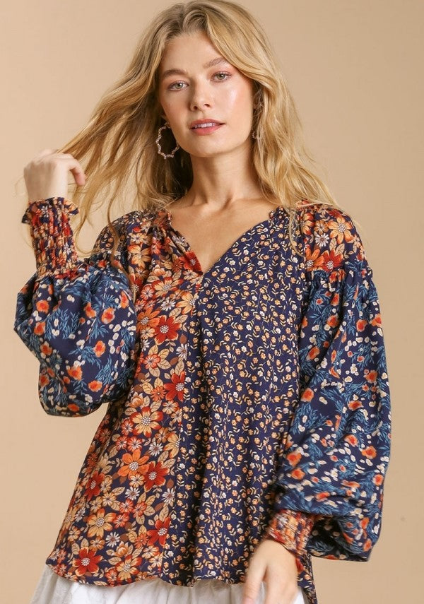 Umgee usa Mixed Floral Print Bohemian Blouse