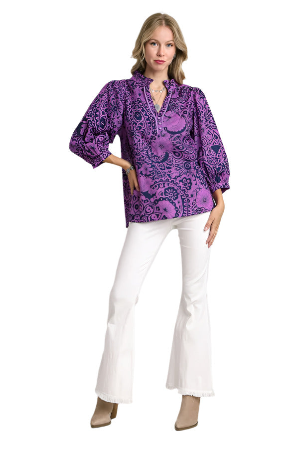 Paisley Print Notch Neck Top