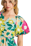 Floral Balloon Sleeve Midi Dress, Mint