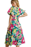 Floral Balloon Sleeve Midi Dress, Mint