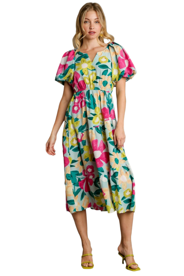 umgee floral balloon sleeve midi dress