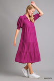 Tiered Cuffed Sleeve Dress, Magenta