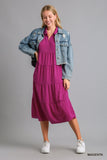 Tiered Cuffed Sleeve Dress, Magenta