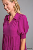 Tiered Cuffed Sleeve Dress, Magenta