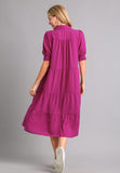 Tiered Cuffed Sleeve Dress, Magenta