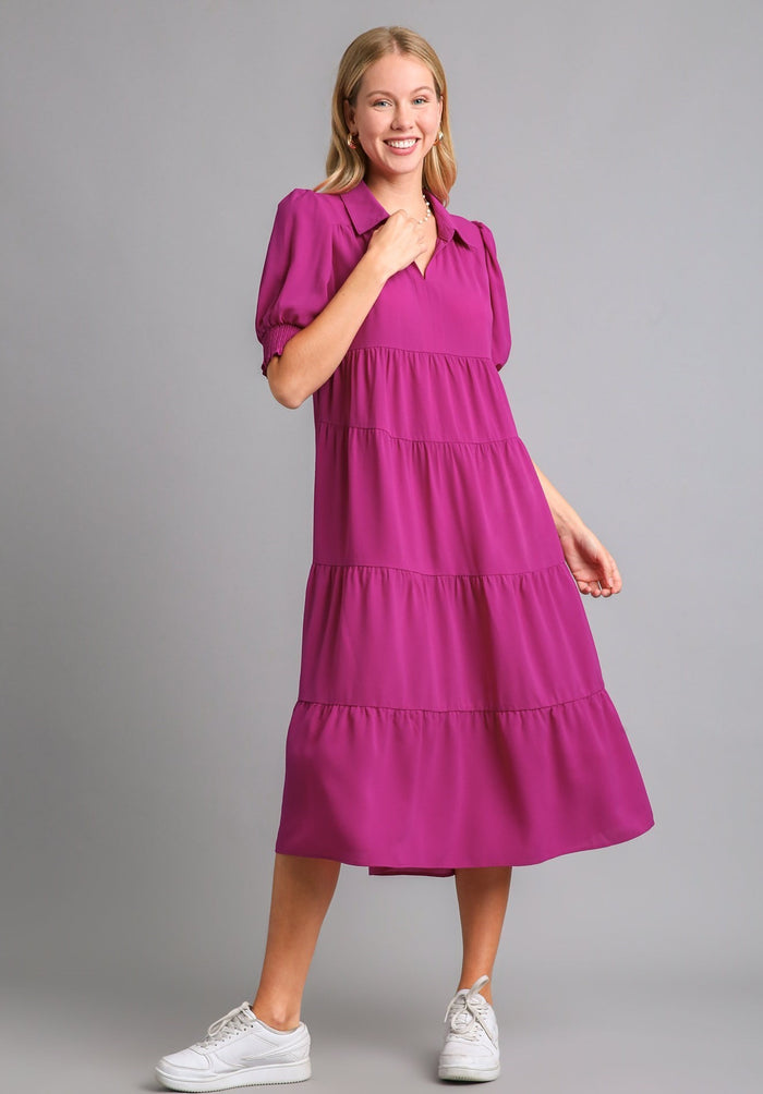 umgee usa cuff Sleeve Tiered Midi Dress