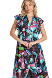 Leaf Print Tiered Midi Dress, Black