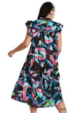 Leaf Print Tiered Midi Dress, Black