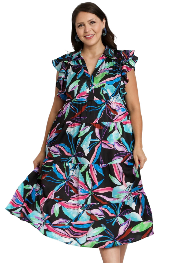 umgee usa Leaf Print Tiered Midi Dress