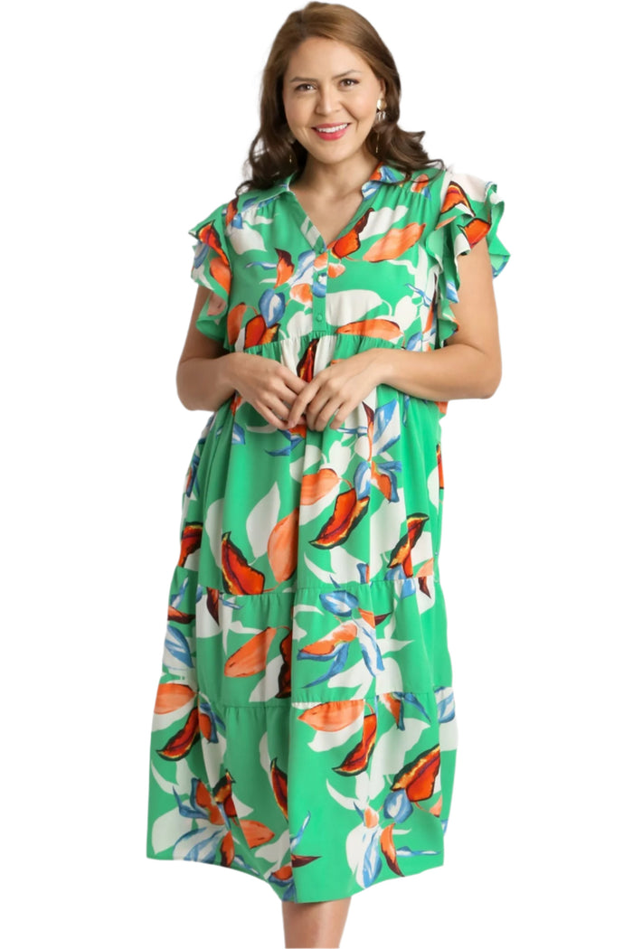 Umgee Floral Print Collared Double Layered Ruffle Sleeves