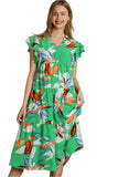 Floral Print Collared Midi Dress, Green