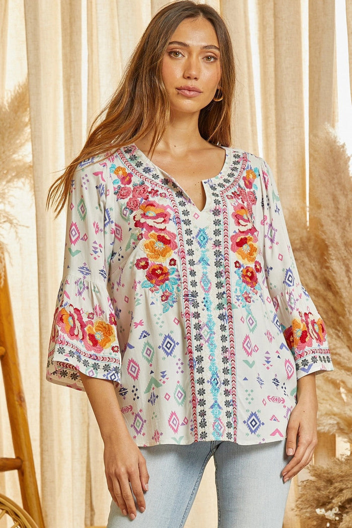 ANDREE SAVANNA JANE EMBROIDERED SOUTH BEACH BLOUSE TUNIC TOP