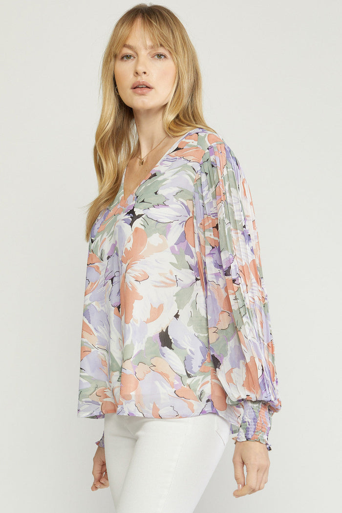 entro USA Floral Pleated Sleeve Blouse