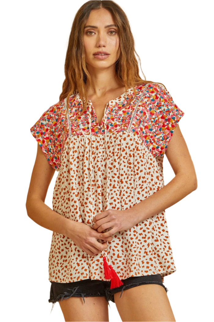 Andree by Unit savanna jane Floral Embroidered Leopard Babydoll Top
