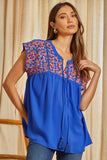 Embroidered Babydoll Top, Royal