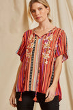 Floral Embroidered Striped Top