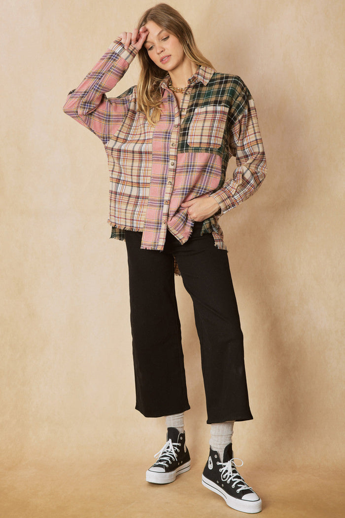 entro USA Color Block Plaid Flannel Top