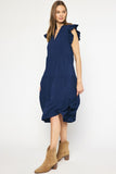 Ruffled Pocket Tiered Midi Dress, Navy