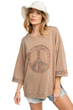 easel Floral Peace Sign Mineral Washed Terry Top, Mocha