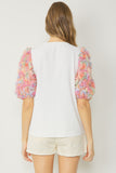 3D Floral Puff Sleeve Top, White