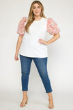3D Floral Puff Sleeve Top, White