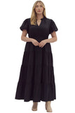 Bubble Sleeve V-Neck Tiered Dress, Black