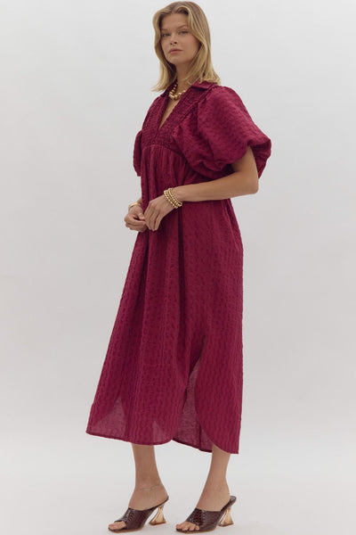Entro Usa Textured Puff Sleeve Midi Dress, Plum – Violet