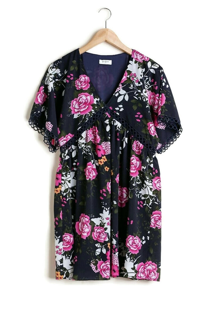 Floral V-Neck Crochet Detail Dress, Navy