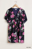 Floral V-Neck Crochet Detail Dress, Navy