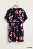Floral V-Neck Crochet Detail Dress, Navy