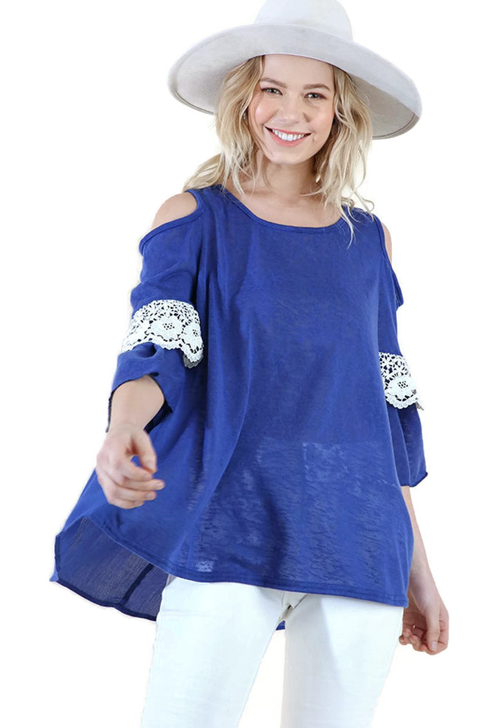 Umgee Open Shoulder Layered Crochet Ruffle Sleeve Top