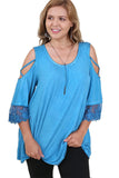 Washed Cold Shoulder Lace Trim Top, Blue