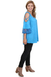 Washed Cold Shoulder Lace Trim Top, Blue