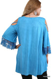 Washed Cold Shoulder Lace Trim Top, Blue