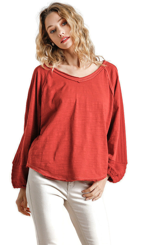 umgee usa Contrast Knit Puff Sleeve Top