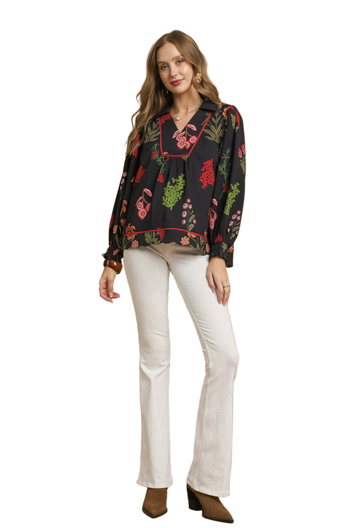 Floral Textured Top, Black