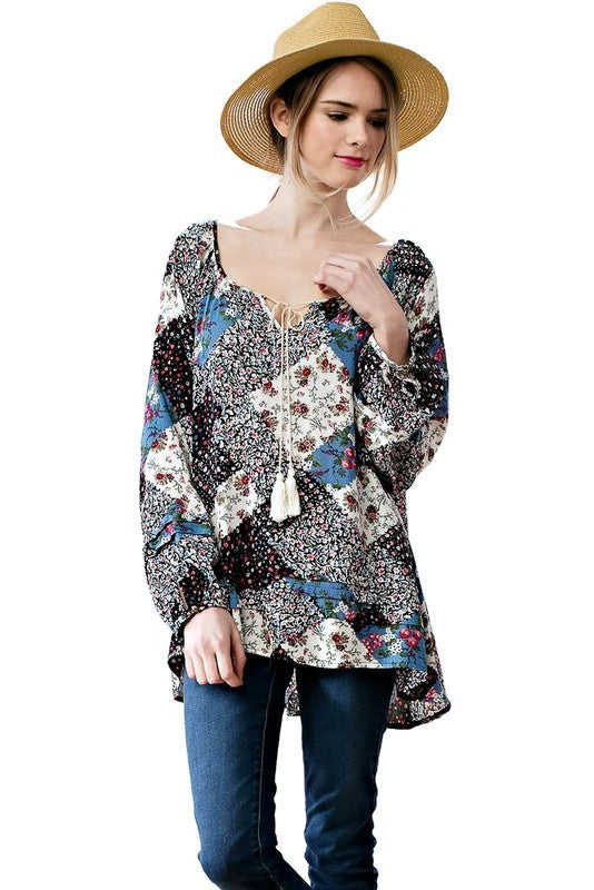 Patchwork Print Top, Navy