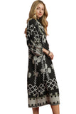 Mixed Print V-Neck Midi Dress, Black