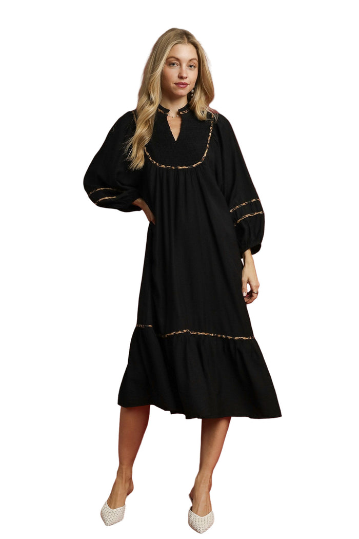 umgee bobo smocked leopard trim maxi dress