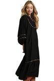 Leopard Trim Smocked Yoke Maxi Dress, Black
