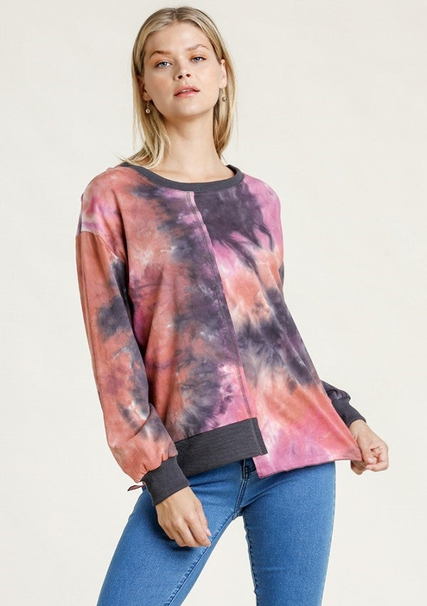 umgee contrast trim tie dye top