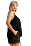 Waffle Knit V-Neck Top, Black