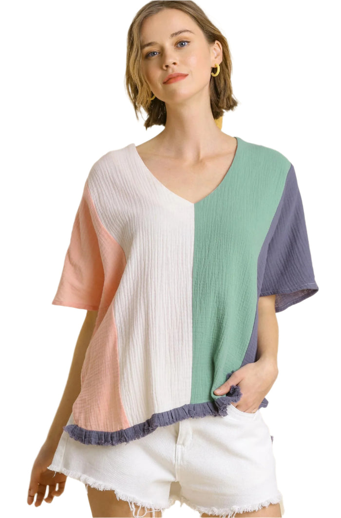 Color Block Gauze Top, Denim & Pink