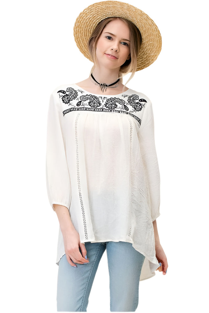 kori america Paisley Embroidered Top, White