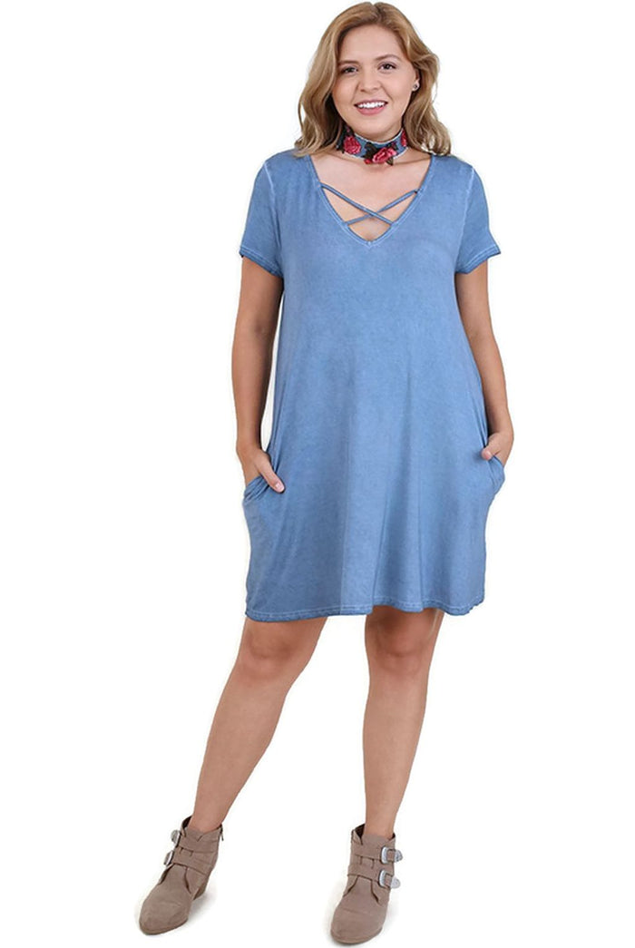 Washed Criss Cross Short Sleeve Dress, Blue