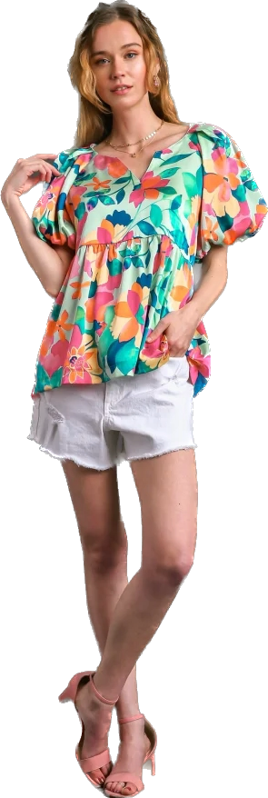 umgee floral print puff sleeve top