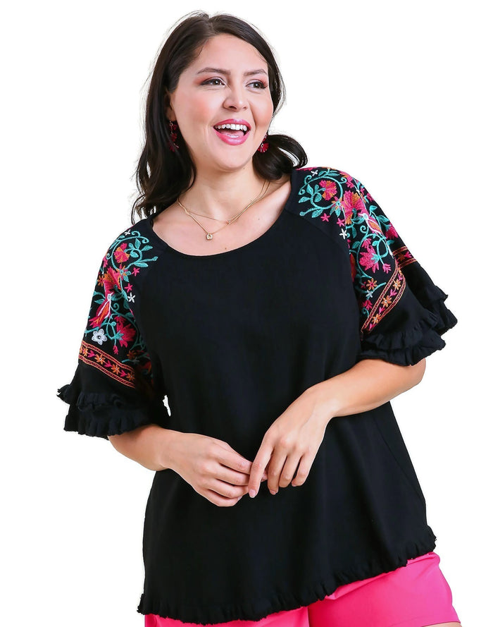 umgee Embroidered Bell Sleeve Top, Black