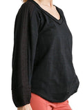 Contrast Knit Puff Sleeve Top, Black