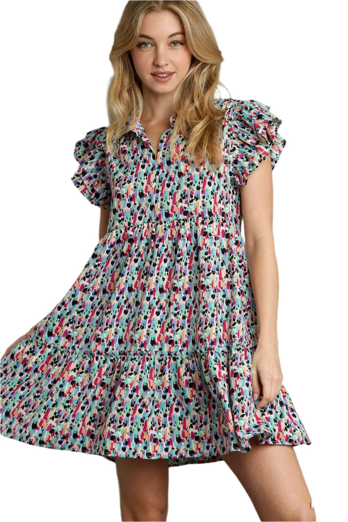 Abstract Ruffled Sleeve Tiered Mini Dress umgee usa