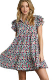 Abstract Ruffled Sleeve Tiered Short Dress